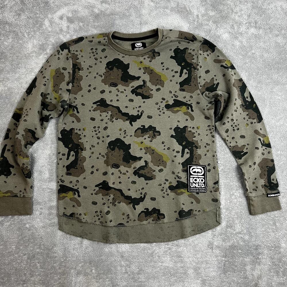 Ecko Unltd Thermal Shirt Mens M Waffle Knit Camoflauge Rhino Logo